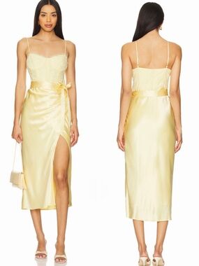 CAMI NYC Tricia Women’s Yellow Corset Lace & Satin Slip Midi Dress Size 4 NEW